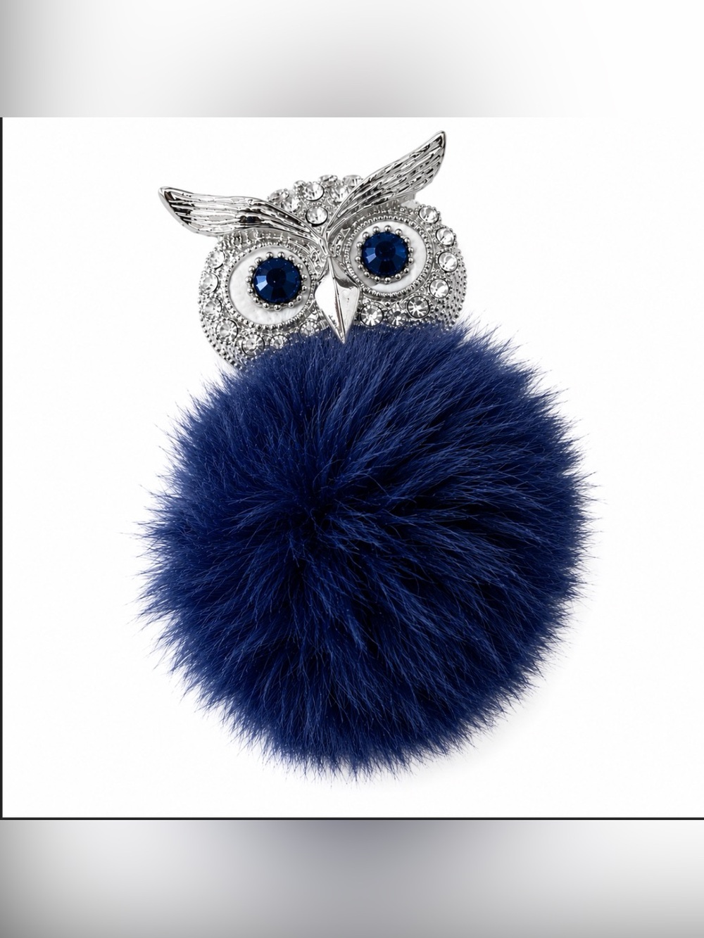 Silvertone Owl Pendant Slide Pendant Enhancer with Blue Eyes & Puff Ball